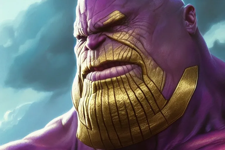 Image similar to Thanos smirking while clenching his fist, trending on Artstation, highly detailed, HD wallpaper, 4k, photorealistic, digital art, art by artgerm and Greg Rutkowski and Alphonse Mucha