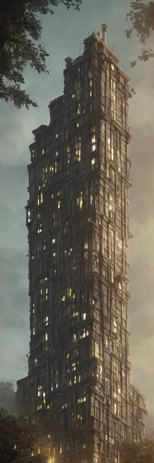 Image similar to very tall victorian-art deco house, Dynamic lighting, cinematic, establishing shot, extremely high detail, photo realistic, cinematic lighting, , post processed denoised, concept design, concept art, artstation, matte painting, midjourney, style by alex ross, raphael lacoste, eddie mendoza