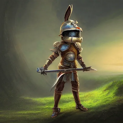 Image similar to bunny with helmet and sword, fantasy art, matte painting