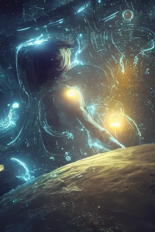Prompt: letting go of reality and experiencing the quantum feild, comic book art, cinematic, highly detailed, realistic, beautiful cosmic neural network, octane render, unreal engine