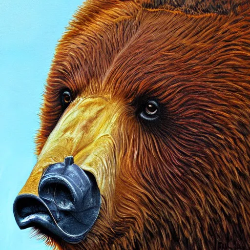 Image similar to a painting of a brown bear's face, an ultrafine detailed painting by terry redlin, behance contest winner, detailed painting, oil on canvas, sharp focus