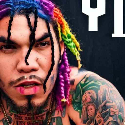 Image similar to jesus as the rapper 6 ix 9 ine, tatoos on face, golden chains