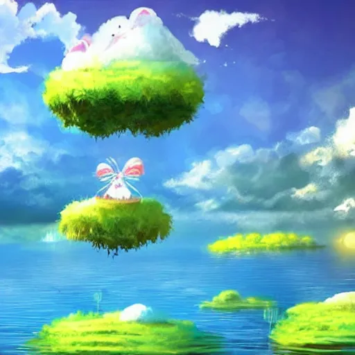 Image similar to placid fluffly floating island scene, wonderland of drifting floating islands, amazing dreamscape, unbelievable beauty of this pleasant afternoon, drifting high in the sky, islands with little vegetation, floating islands, trending on pixiv, cute and fun