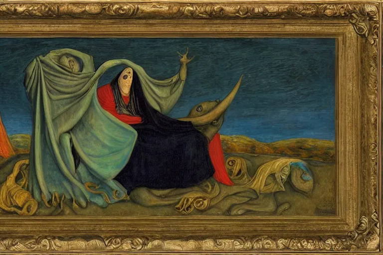 Image similar to the wake of the unseen object,by Leonora Carrington and William Dyce and ford madox brown, symbolist, dramatic lighting, elaborate geometric ornament, cool blue and green colors, Art Brut, smooth, sharp focus, extremely detailed