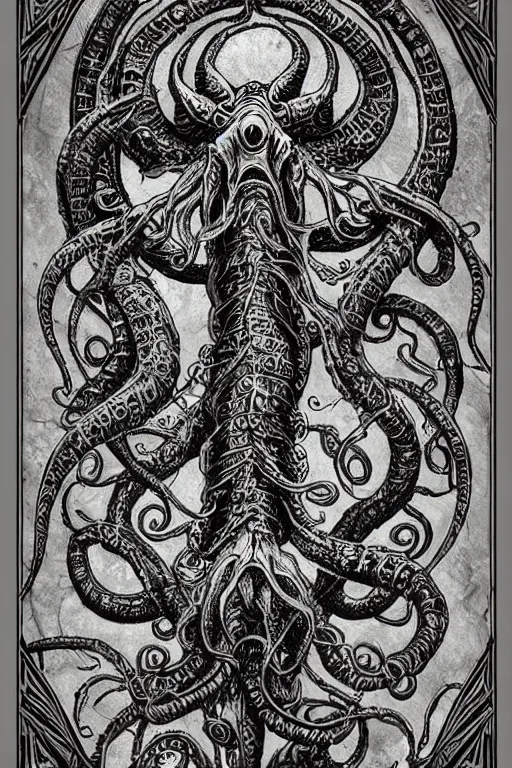 Image similar to ancient eldritch horror cthulhu, concept art, digital art, tarot card, highly detailed, ornate border