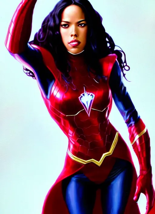 Image similar to full body portrait of marvel cinematic universe aaliyah haughton, red eyes, scarlet witch, elegant, avengers, super hero, red outfit, highly detailed!! digital painting, artstation, glamor pose, concept art, sharp focus, illustration, art by artgerm and greg rutkowski, artey freytag