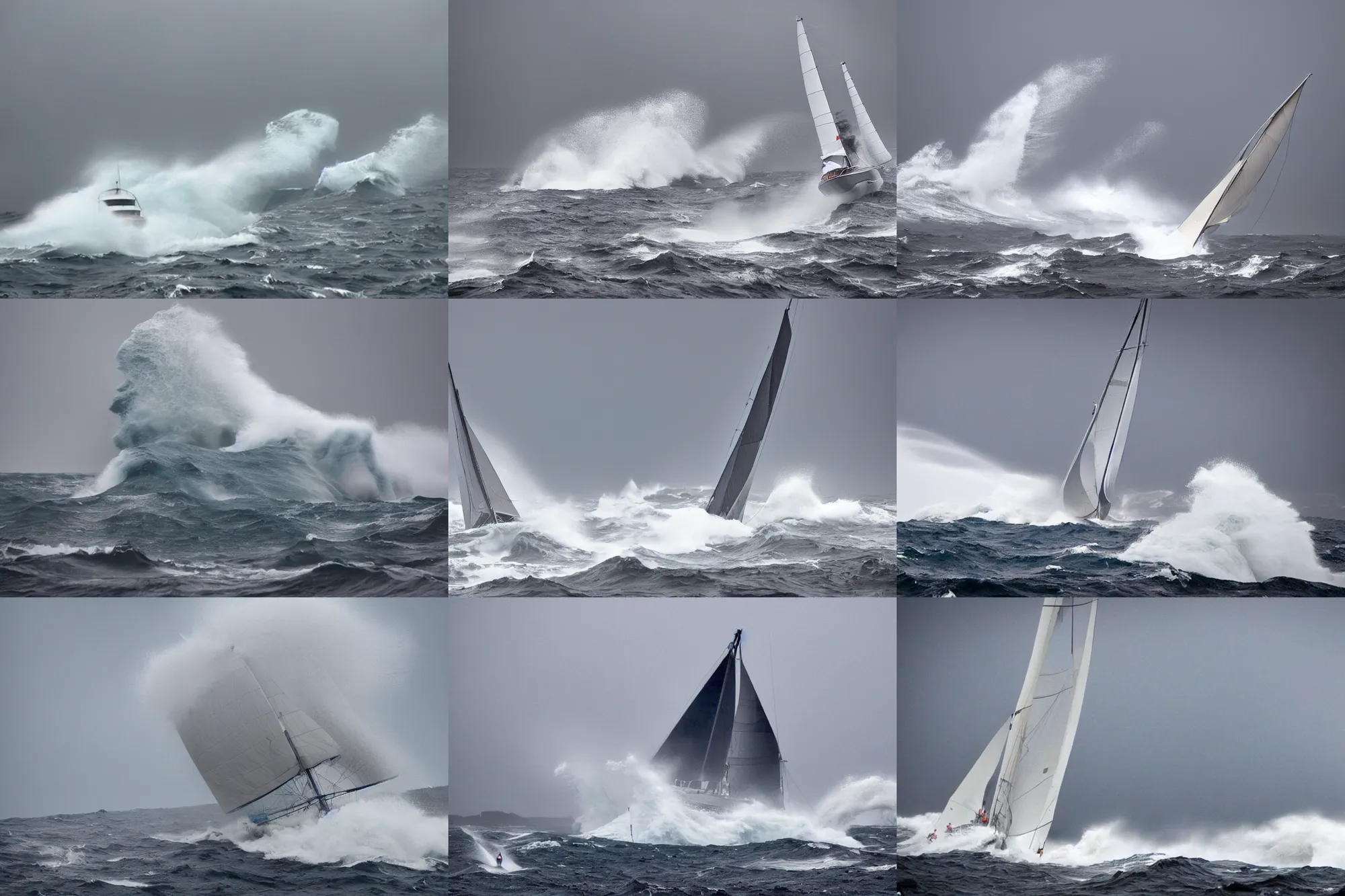 Prompt: photo of a sailing yacht in a severe storm, high seals and huge waves The scene portrays a fearful emotion