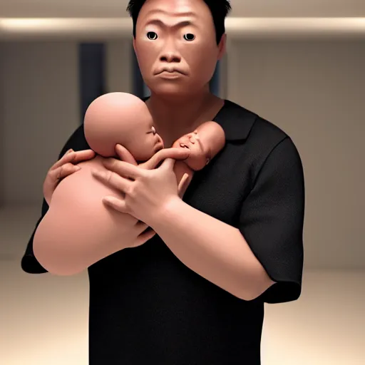 Prompt: shocked asian man holds black baby at hospital, he can ’ t believe his eyes, award winning art, pixar, 3 d render, unreal engine