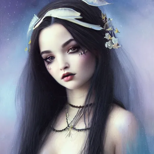 Prompt: tom bagshaw portrait, beautiful asian mix of dove cameron madison beer bella poarch in a full dress, gothic makeup, professionally retouched, focus eyes, ultra realistic soft painting, insanely detailed linework, symmetrical accurate intricate features, behance, 8 k