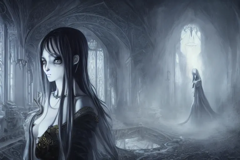 Prompt: ultra realist soft painting of a gothic princess in the world of Lovecraft, anime style, very intricate details, ultra dense fog, golden ratio, volumetric black and white lighting, reflections, refractions, symmetry accurate anatomy features, unreal render