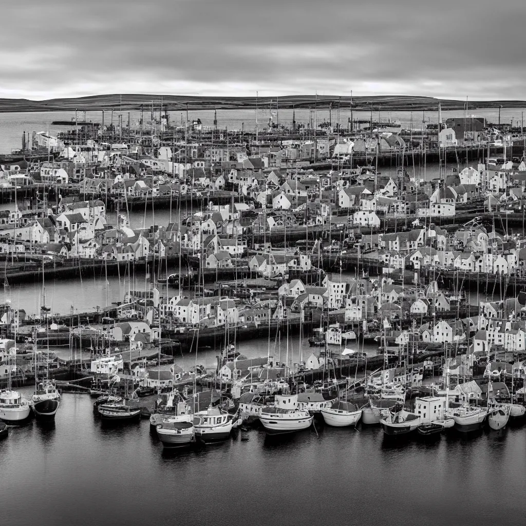 Prompt: a long exposure photograph of the harbour at Stromness orkney, bokeh, wide angle