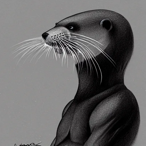 Prompt: anthropomorphic masculine otter in costume, juanjo guarnido, concept art, highly detailed, eddotorial illustration, b & w, noir