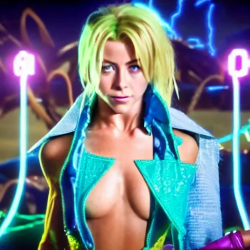 Image similar to cinematic scene with julianne hough as jolyne from jojo's bizarre adventure, live action film, stone ocean, dramatic, small details, volumetric lighting, still frame