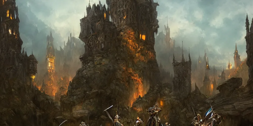 Prompt: a fabulous fantasy matte painting of fighting warriors next to a castle in evening, by Simon Bisley, artstation