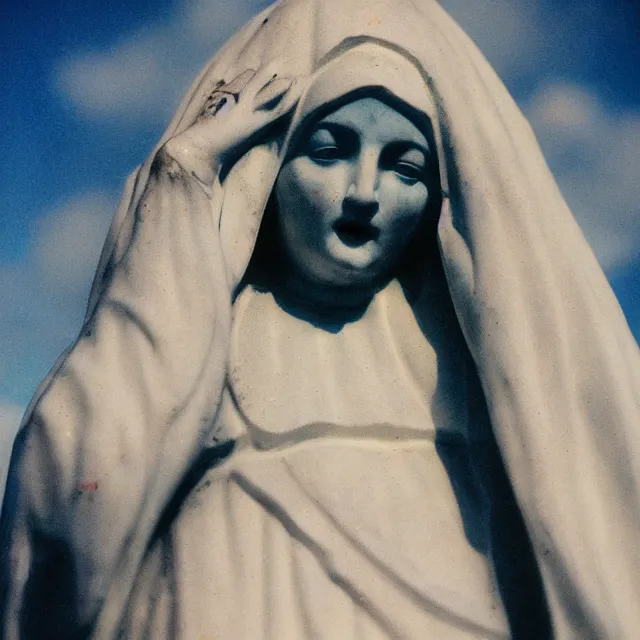 Prompt: closeup of crying white mother mary statue, pictured slightly from below, clear sky with blue clouds in background, covered in blood, vintage polaroid