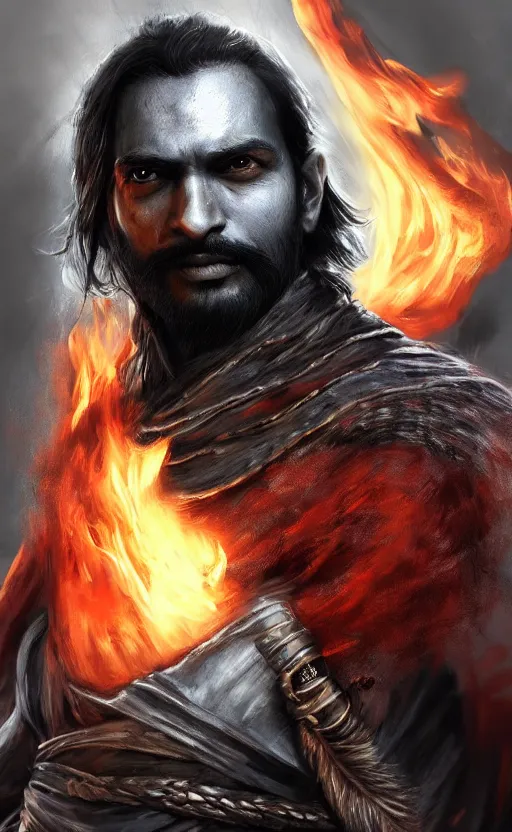 Prompt: Ultrawide Portrait of a Very handsome Indian with fire in his eyes and lush black hair, Bloodborne concept art, trending on Artstation, photorealistic image, 8k