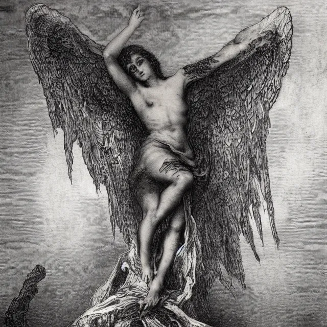 Prompt: fallen angel, gustave dore, tattoo