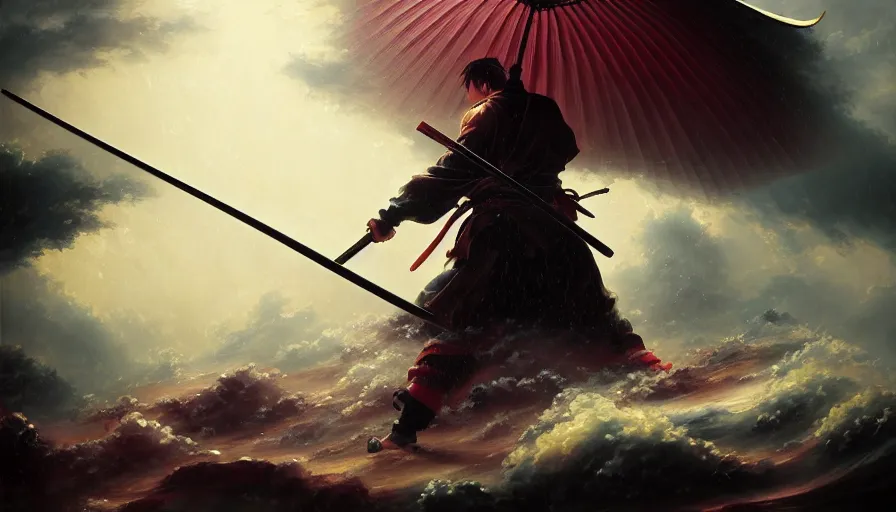 Image similar to baroque oil painting of key visual epic samurai war, rain, storm, realism, fake detail, trending pixiv fanbox, acrylic palette knife, style of makoto shinkai takashi takeuchi yoshiyuki sadamoto greg rutkowski chiho aoshima, artstation, manga