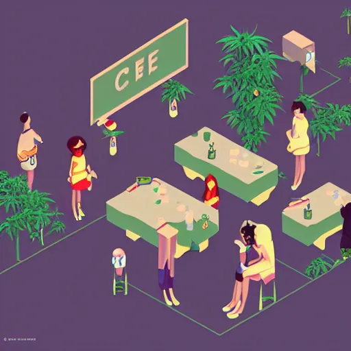 Image similar to cannabis cafe isometric fun style rendered by pixar, by ren hang