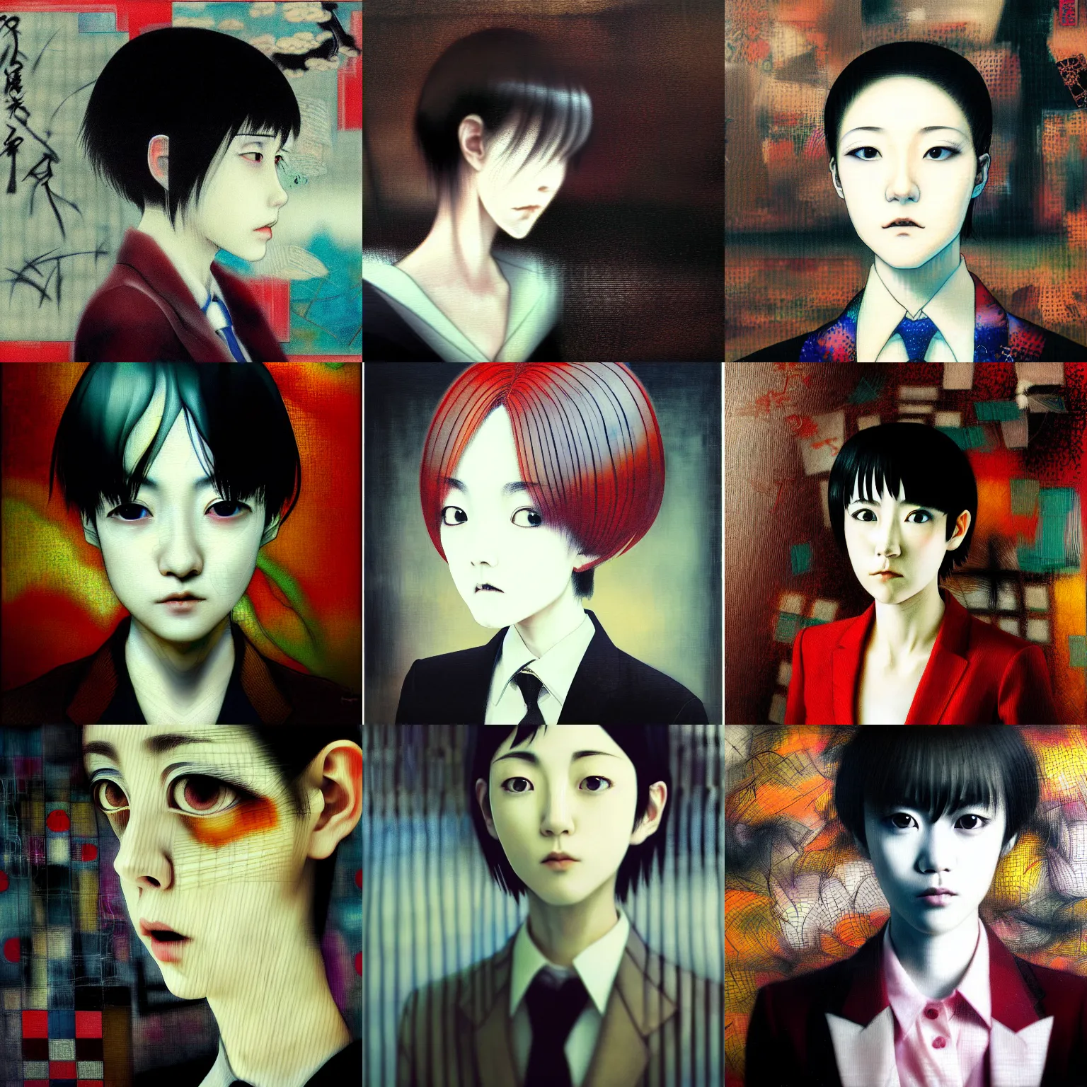 Image similar to yoshitaka amano blurred and dreamy realistic three quarter angle portrait of a young woman with short hair and black eyes wearing office suit with tie, junji ito abstract patterns in the background, satoshi kon anime, noisy film grain effect, highly detailed, renaissance oil painting, weird portrait angle, blurred lost edges