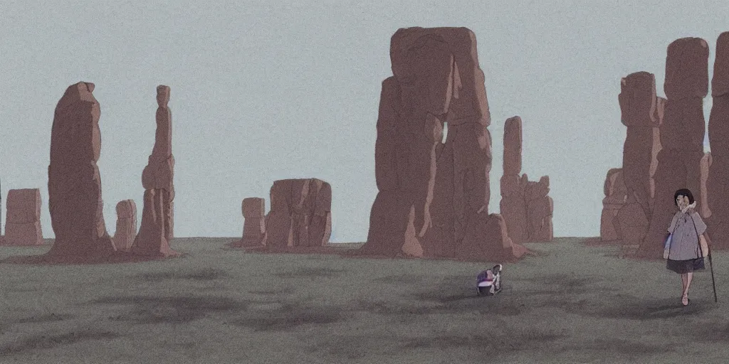 Image similar to a realistic cell - shaded studio ghibli concept art from paprika ( 2 0 0 6 ) of shouxing from close encounters of the third kind ( 1 9 7 7 ) in a flooded monument valley stonehenge. very dull colors, wide shot, hd, 4 k, hq