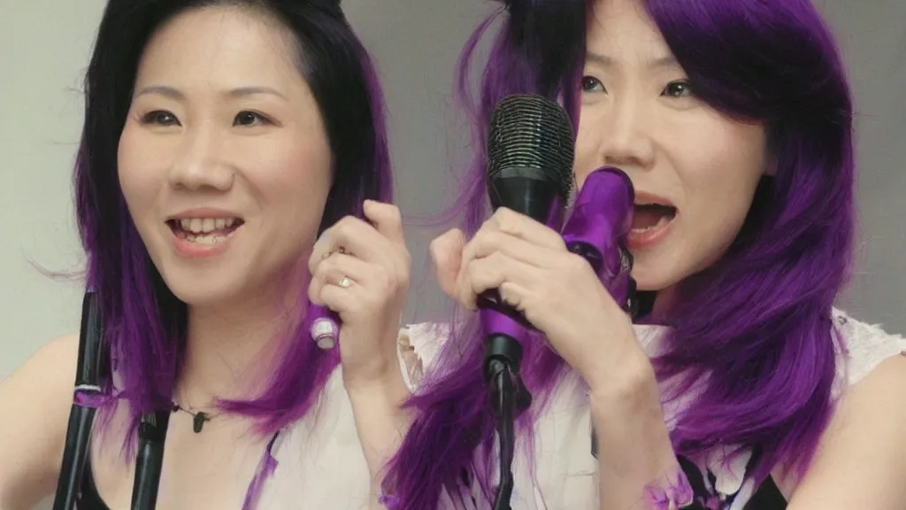 Image similar to “ miriam yeung with purple hair, sing in a concert, highly detailed ”