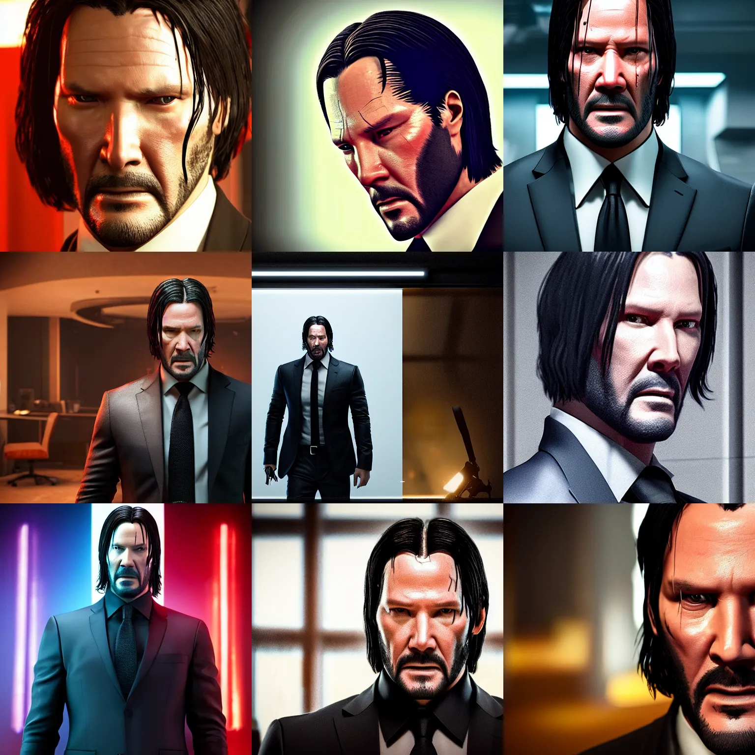 Prompt: bright studio setting, studio lighting, crisp quality and light reflections, unreal engine 5 quality render, still photo of john wick, highly detailed, photorealistic portrait