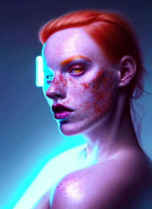 Image similar to a beautiful redhead scandinavian female humanoid with freckles, cyber neon lighting, by loish, d & d, fantasy, futurism, cyberpunk fashion clothing, elegant profile posing, accurate anatomy, hyper photorealistic, digital photography, artstation, pinterest, concept art, art by pascal blanche and greg rutkowski,