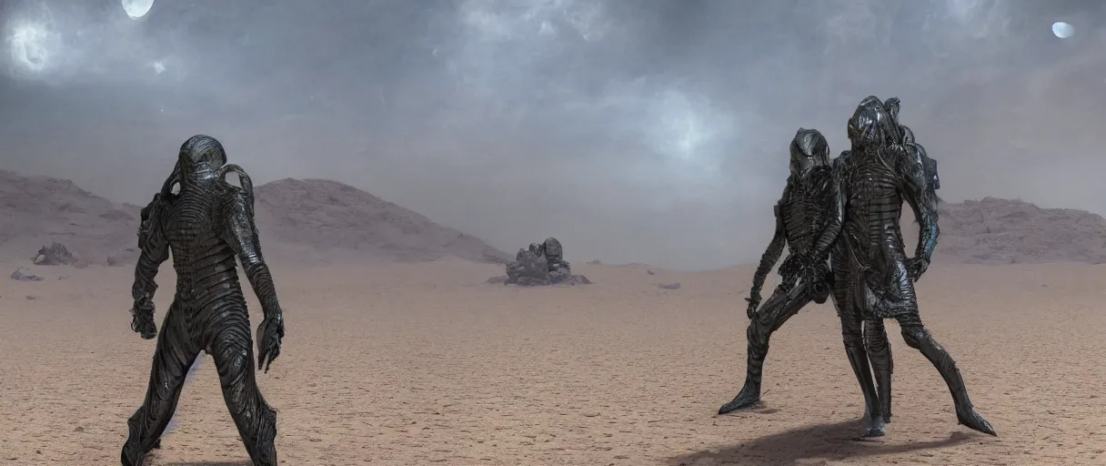 Prompt: muad'dib in a advanced still suit designed by northrop grumman hr giger tom ford moebius and yasushi nirasawa, wide angle, photorealistic, hdr, 8 k, octane render, the moons in background, desert land, mist, a horde of fremen in military gear and weaponry, 4 k, vray, volumetric lighting