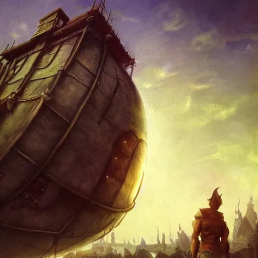 Image similar to Fantasy village, the inhabitant looking up at the sky. The sky is completely covered to the horizon by an incredibly huge airship-like ship. Extremely high detail, realistic, dark fantasy art, masterpiece, 8k, octane rendering, Victoria Frances painting, art by Frank Frazetta