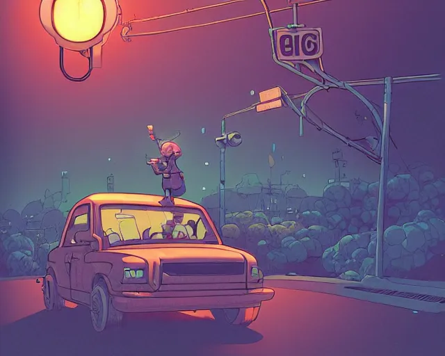 Image similar to a study of cell shaded cartoon of a microKorg synthesizer floating above a country road, street lamps, road, illustration, wide shot, subtle colors, post grunge, concept art by josan gonzales and wlop, by james jean, Victo ngai, David Rubín, Mike Mignola, Laurie Greasley, highly detailed, sharp focus, Trending on Artstation, HQ, deviantart, art by artgem