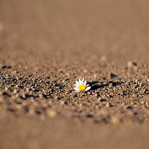 Image similar to a single small pretty desert flower blooms in the middle of a bleak arid empty desert, next to a topaz gem on the ground, background sand dunes, clear sky, low angle, dramatic, cinematic, tranquil, alive, life.