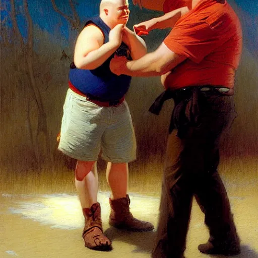 Prompt: bobby hill taking back his purse from the self defense instructor, dojo background, painting by gaston bussiere, craig mullins, j. c. leyendecker