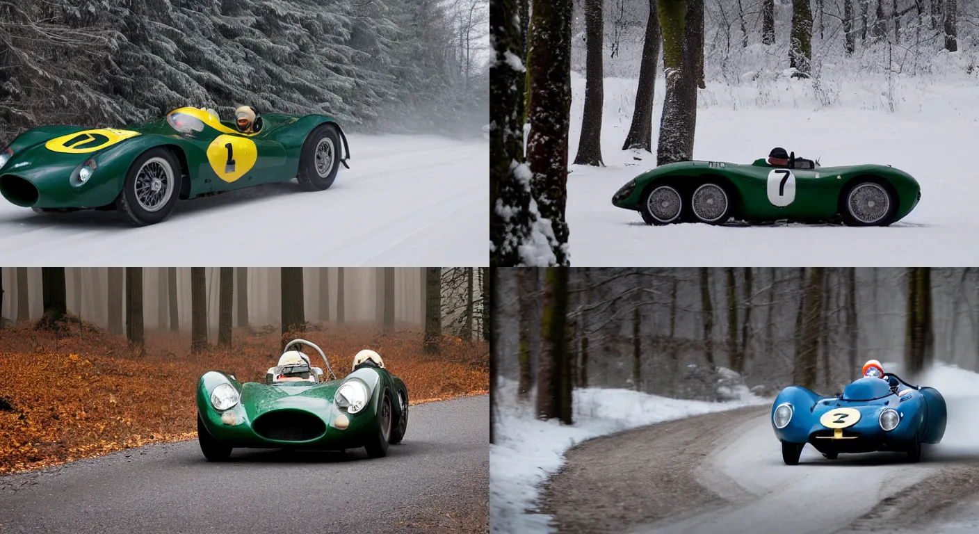 Prompt: a 1 9 5 6 lotus eleven, racing through a rally stage in a snowy forest