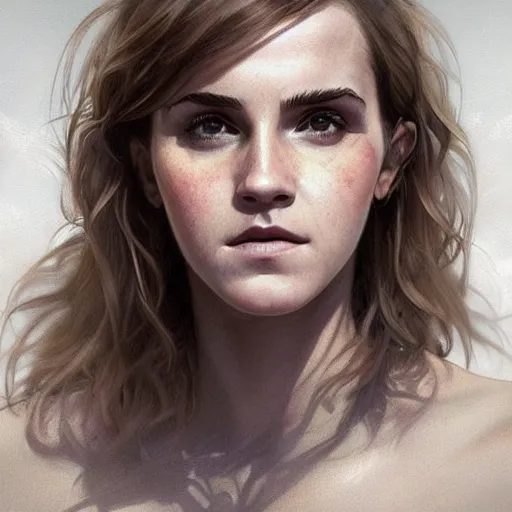 Image similar to portrait painting of a muscular emma watson, ultra realistic, concept art, intricate details, eerie, highly detailed, photorealistic, octane render, 8 k, unreal engine. art by artgerm and greg rutkowski and alphonse mucha