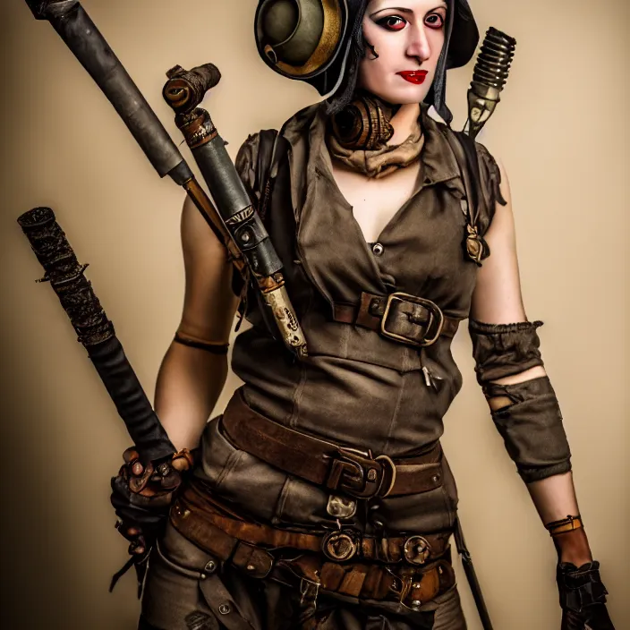 Prompt: full length photo of a very beautiful female slim dieselpunk warrior, 8 k, hdr, smooth, sharp focus, high resolution, award - winning photo