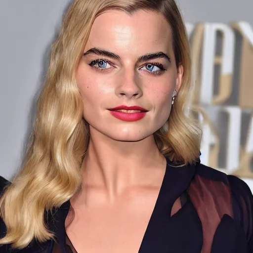 Image similar to a woman who is a genetic combination of margot robbie and emma watson face and upper - body focus