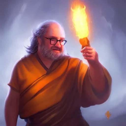 Prompt: Gabe Newell wearing monk tunic holding a glowing fire magical staff. Trending on Artstation, octane render, ultra detailed, art by Ross tran