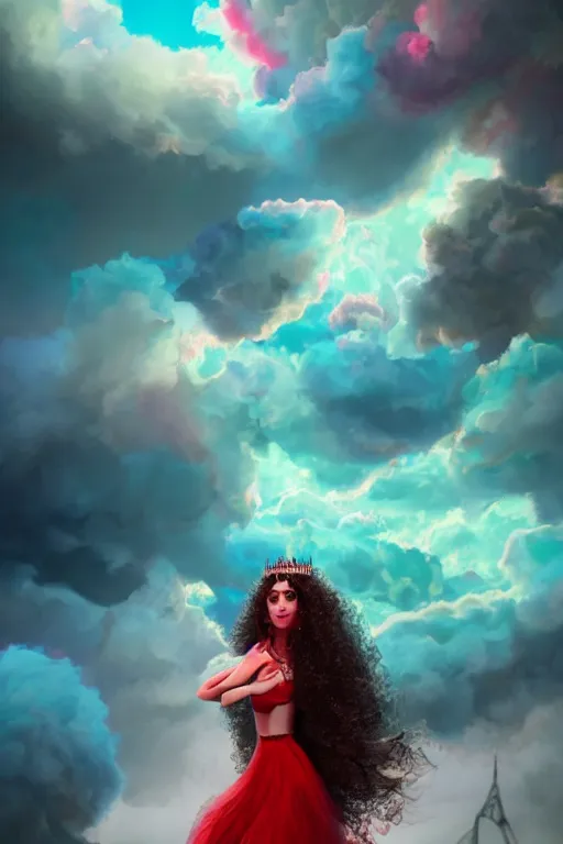 Prompt: a beautiful persian princess in colorful clouds and smoke, green eyes, red dress, long black curly hair, smiling in awe wearing a tiara, face, highly detailed, artstation, concept art, sharp focus, digital art by hana yata, octane render, unreal engine, 8 k