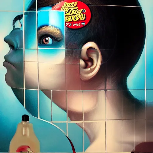 Prompt: lofi monkey in front of a mirror reflecting the expression of a human face, Pixar style by Tristan Eaton Stanley Artgerm and Tom Bagshaw, high detail