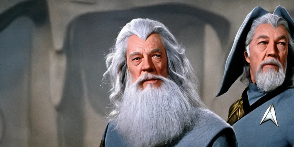 Image similar to Gandalf, in starfleet uniform, in the role of Captain Kirk in a scene from Star Trek the original series