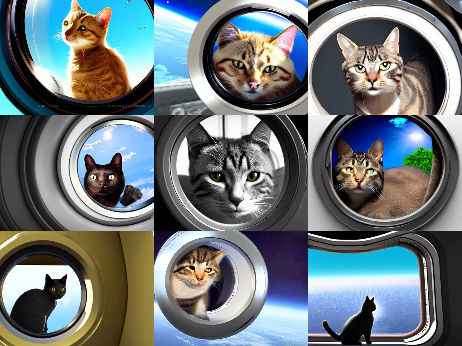 Prompt: The cat looks out of the porthole with his back to me, background is plane in space, soft light, unreal engine render