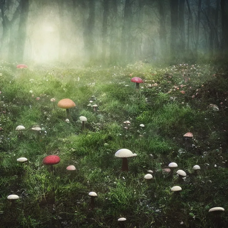 Image similar to a planet of various fungus like trees, mushrooms, flowers and plants, artistic photography, conceptual, long exposure outside the city, volumetric light