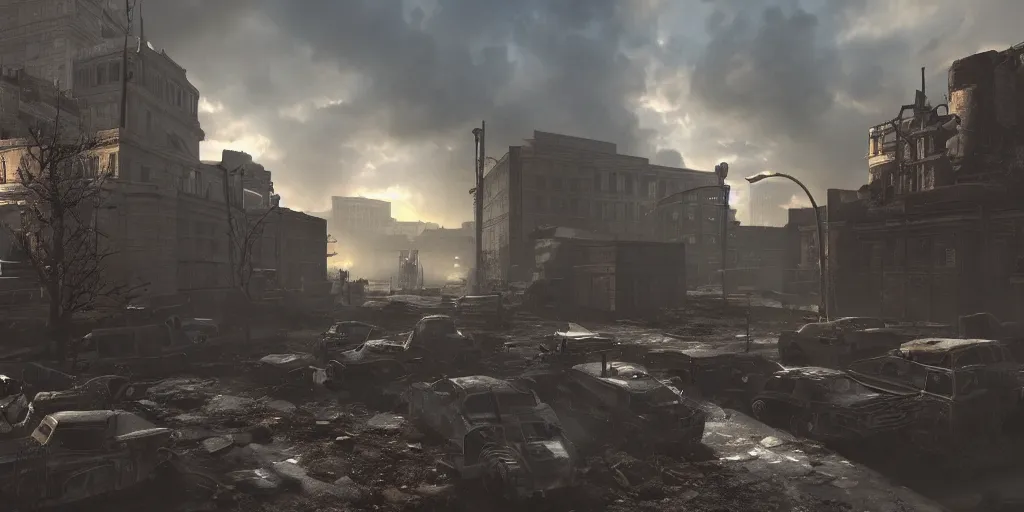 Image similar to fallout concept art washington dc render dramatic lighting unreal engine 5