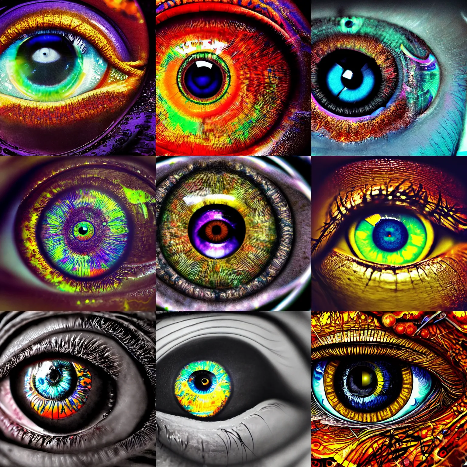 Prompt: a close - up photo of a beautiful eye, incredibly detailed, psychedelic, solar punk, trending on artstation, 8 k