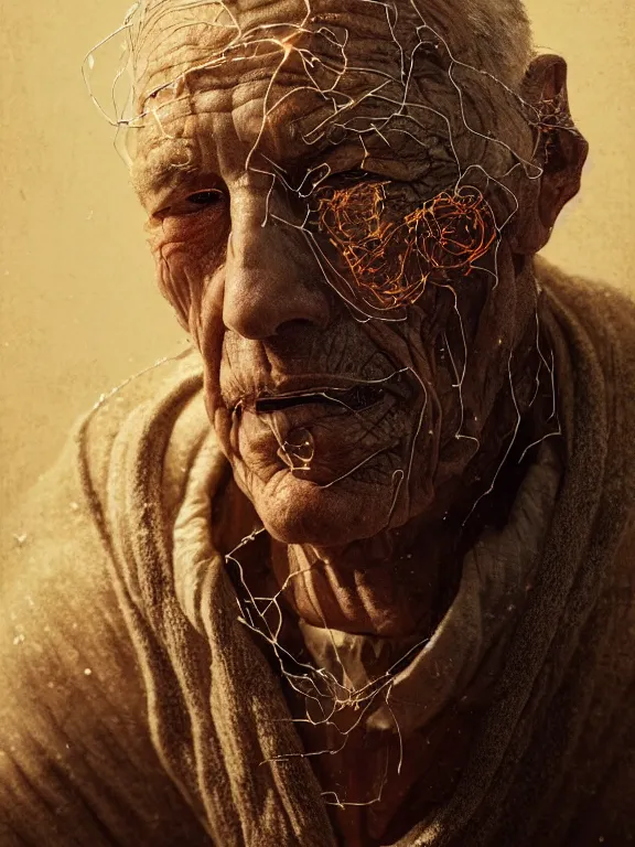 Prompt: portrait of old man, skin peeling to reveal cybernetics, wires, art by ryo shiotani and greg rutkowski, intricate, beautiful, portrait photography, cinematic lighting, vintage art by serge ivanoff, high resolution, very detailed