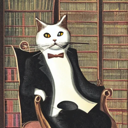 Prompt: a distinguished cat in smoking on armchair with a monocle in a room full of books