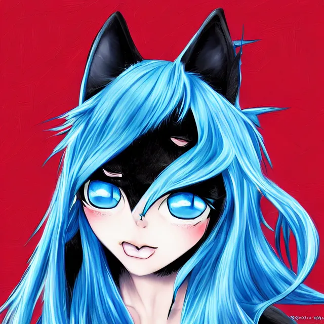 Image similar to anthro black cat with blue hair and blue eyes, pixiv, digital art