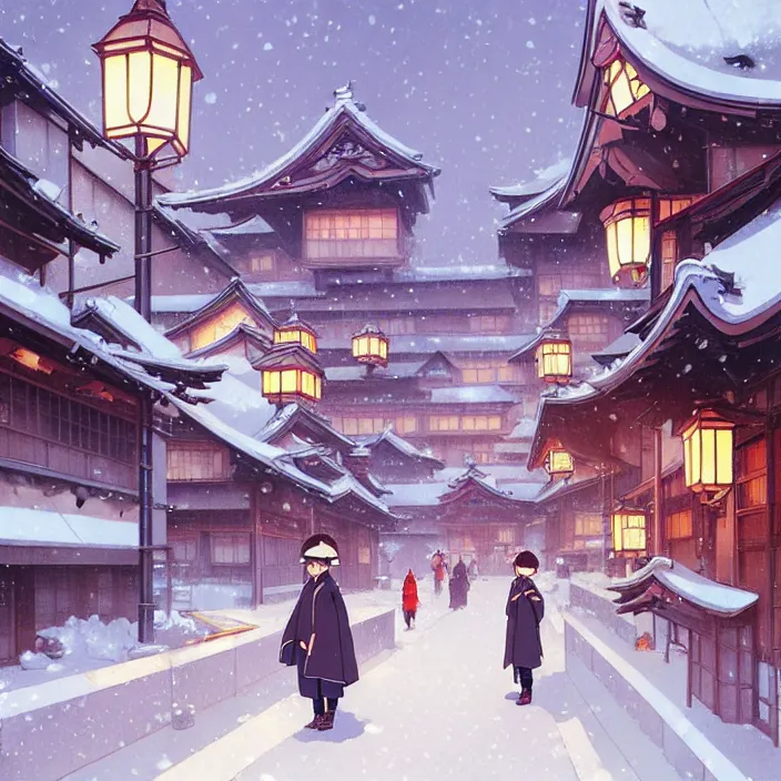 Image similar to japanese city, winter, in the style of studio ghibli, j. c. leyendecker, greg rutkowski, artem