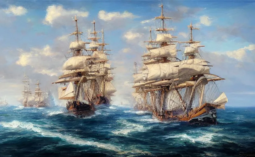 Prompt: Epic naval battle. By Konstantin Razumov, highly detailded